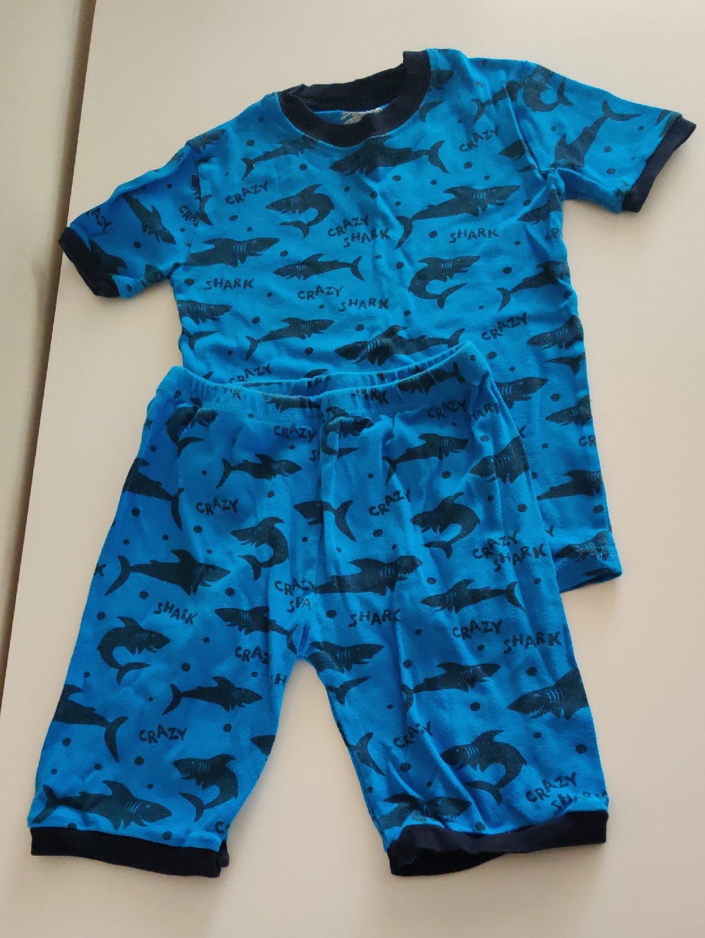 Crazy Shark Blue Kids Pajama Set with Short Sleeve Top and Shorts